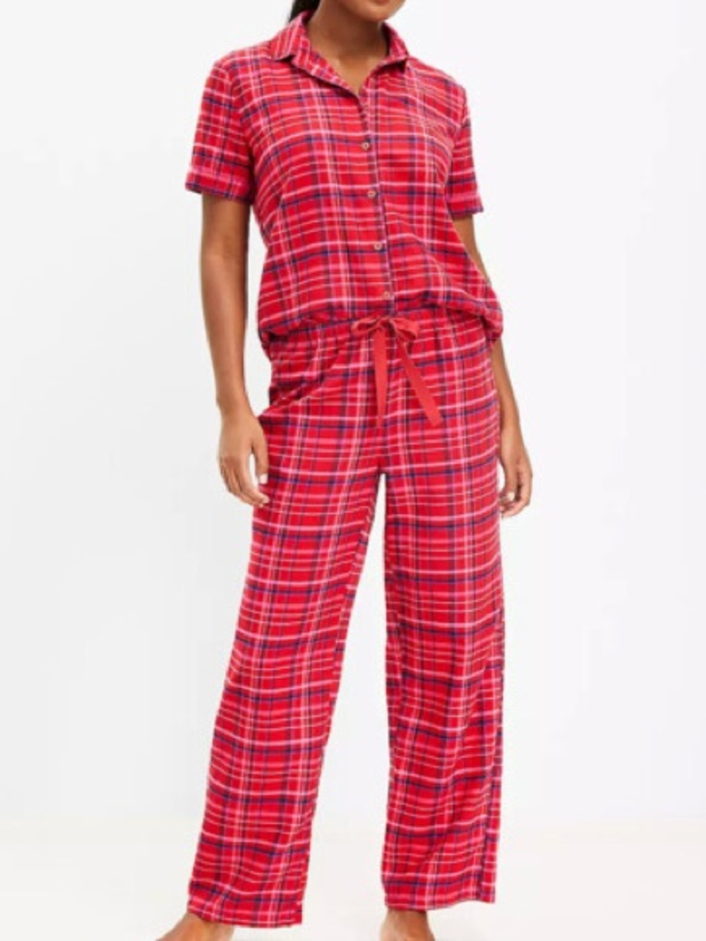 LOFT Women’s Pink Plaid Button Down and Pants Pajama Set (100% Cotton)